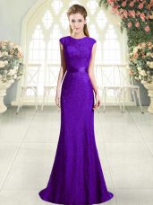 Modest Scoop Sleeveless Prom Party Dress Sweep Train Beading Dark Purple Lace