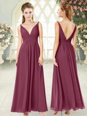 Empire Dress for Prom Burgundy Off The Shoulder Chiffon Sleeveless Ankle Length Side Zipper