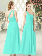 Aqua Blue Zipper One Shoulder Ruching Evening Dress Chiffon Sleeveless