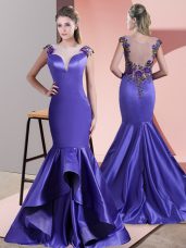 Purple Side Zipper Scoop Beading and Appliques Prom Party Dress Satin Sleeveless Sweep Train