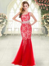 Red Zipper Prom Gown Beading and Lace Sleeveless Floor Length