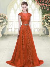 Glamorous Scoop Cap Sleeves Evening Dress Sweep Train Beading and Lace Orange Tulle