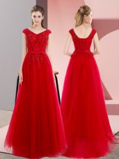 Cheap V-neck Short Sleeves Prom Evening Gown Floor Length Sweep Train Beading and Lace Red Tulle