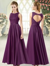 Glittering Purple Satin Backless Homecoming Dress Sleeveless Floor Length Ruching