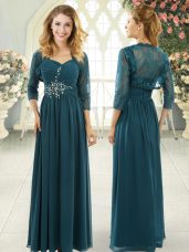Teal Zipper Sweetheart Beading and Ruching Dress for Prom Chiffon Short Sleeves Sweep Train