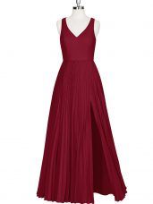 Superior A-line Prom Dress Wine Red V-neck Sleeveless Floor Length Zipper