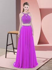 Purple Chiffon Backless Sleeveless Sweep Train Beading