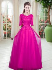 Floor Length Fuchsia Homecoming Dress Scoop Half Sleeves Lace Up