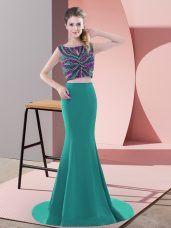 Luxury Sleeveless Beading Backless Prom Party Dress with Turquoise Sweep Train