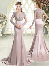 Amazing Pink Mermaid V-neck Long Sleeves Satin Sweep Train Zipper Beading and Lace Evening Dress