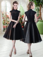 Hot Sale Black Zipper High-neck Beading and Lace Homecoming Dress Tulle Cap Sleeves