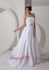 A-line Ruched Bodice Beading Sash Wedding Dress Taffeta