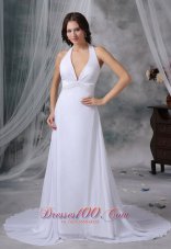 Deep V-neck Wedding Dress Halter Top Beaded Court Train