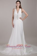 A-line V-neck Beaded Chapel Train Chiffon Wedding Dress