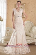 Champagne Lace Mermaid v-Neck Court Train Wedding Dress