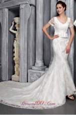 Short Sleeves Sheath V-neck Lace Wedding Dress Chapel Train