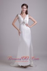 White Column V-neck Brush Train Taffeta beading Wedding dress