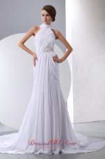 Halter Beading and Ruch Chapel Train Wedding Gown