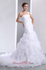 One Shoulder Handmade Flowers Mermaid Chapel Wedding Dress