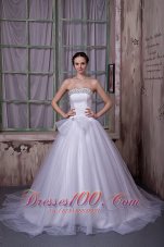 Surprising Beading Decorate A-line Wedding Dress Satin Train