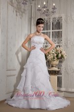 A-line Strapless Court Train Organza Appliques Wedding Gown