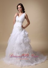 V-neck Beaded Wedding Dress Brush Train Ruffles