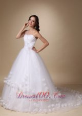 One Shoulder Chapel Train Hand Made Flower Wedding Ball Gown