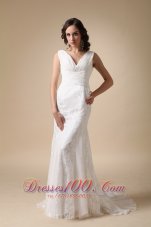 Coloumn V-neck Wedding Dress Chiffon Brush Train