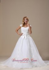 Square Cap Sleeves and Sash Wedding Dress Chapel Train