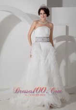 Strapless Beading Sash Rolling Flower Wedding Gown