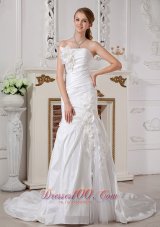 Strapless Hand Made Flower Chapel Train Wedding Dress