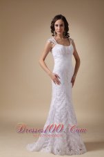 Square Brush Train Satin and Lace Cap Sleeves Wedding Dress