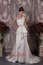 Floral One Shoulder Brush Train Satin Wedding Dress