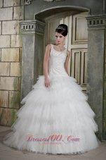 Elegant Scoop Brush Train Tulle Beading Wedding Dress