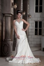 Fashionable Beaded V-neck Satin Ruchings Wedding Dress