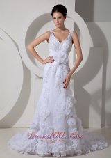 Sexy V-neck Floral Satin Sash Bridal Dresses