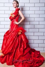 Red One Shoulder Taffeta Appliques Bridal Dresses