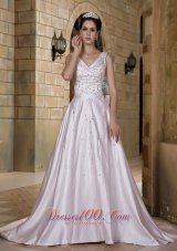 V-neck Chapel Train Taffeta Beading Wedding Dress