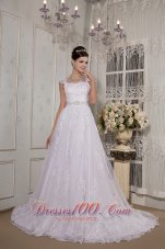 Lace Square Neck Straps Court Train Wedding Gown