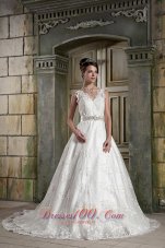 V-neck Princess Chapel Train Bridal Dress Lace Beading