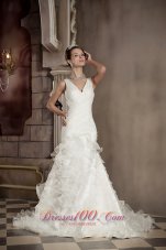 V-neck Mermaid Wedding Gown Ruffles Organza Chapel Train