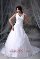 V-neck Chapel Train Ball Gown Bridal Dress Organza And Satin