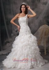 Beading One Shoulder Organza Ruffles Court Train Bridal Dress