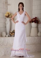 Slim V-neck Straps Chiffon Bridal Gown With Brush Train