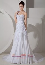 Hand Made Flowers Court Train One shoulder Wedding Bridal Dress