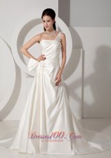 Ivory One Shoulder Ruched Wedding Dress Appliques Court Train