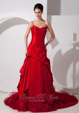 Red Strapless Court Train Wedding Dress Appliques Taffeta Organza