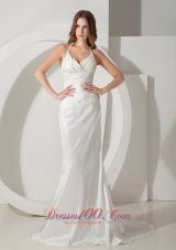 Halter Sweet Train Taffeta Column Bridal Dress Ruch And Straps