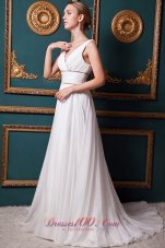 Brush Train V-neck Organza Bridal Wedding Dress Beading