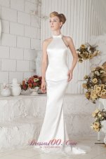 Low Cost Halter Top Brush Train Wedding Gown Taffeta Column